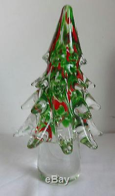 Vtg Murano Large Clear Green Red Crystal Art Glass 8'' Figurine Christmas Tree