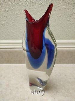 Vtg Murano Sommerso Glass Vase Fishtail Venetian Red Blue 10.5 Italy