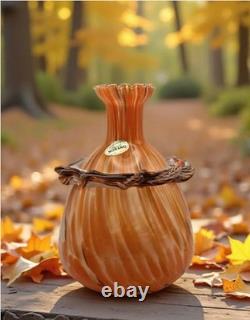 Vtg. Murano- Style- Amber/Orange Cased Swirl Hand-Blown Glass Vase with Collar