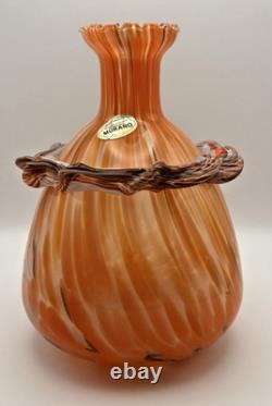 Vtg. Murano- Style- Amber/Orange Cased Swirl Hand-Blown Glass Vase with Collar