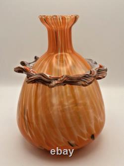 Vtg. Murano- Style- Amber/Orange Cased Swirl Hand-Blown Glass Vase with Collar