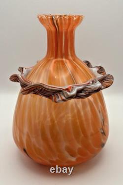 Vtg. Murano- Style- Amber/Orange Cased Swirl Hand-Blown Glass Vase with Collar