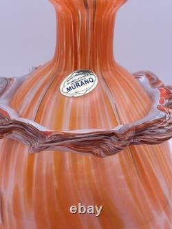 Vtg. Murano- Style- Amber/Orange Cased Swirl Hand-Blown Glass Vase with Collar