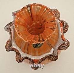 Vtg. Murano- Style- Amber/Orange Cased Swirl Hand-Blown Glass Vase with Collar