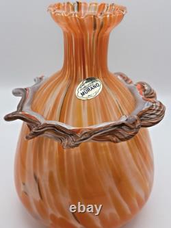 Vtg. Murano- Style- Amber/Orange Cased Swirl Hand-Blown Glass Vase with Collar
