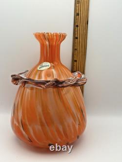Vtg. Murano- Style- Amber/Orange Cased Swirl Hand-Blown Glass Vase with Collar