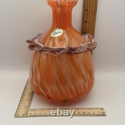 Vtg. Murano- Style- Amber/Orange Cased Swirl Hand-Blown Glass Vase with Collar