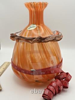 Vtg. Murano- Style- Amber/Orange Cased Swirl Hand-Blown Glass Vase with Collar