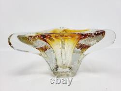Vtg Murano Style Italian Art Glass Ashtray Amber Clear Controlled Bubble Wow
