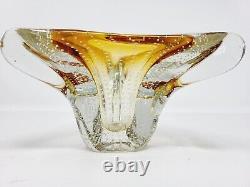 Vtg Murano Style Italian Art Glass Ashtray Amber Clear Controlled Bubble Wow