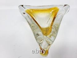 Vtg Murano Style Italian Art Glass Ashtray Amber Clear Controlled Bubble Wow