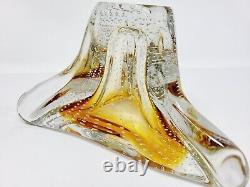 Vtg Murano Style Italian Art Glass Ashtray Amber Clear Controlled Bubble Wow