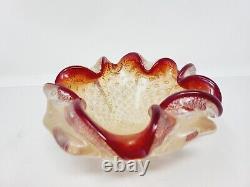 Vtg Murano Style Italian Art Glass Ashtray Red Gold Fleck Controlled Bubble Wow