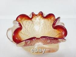 Vtg Murano Style Italian Art Glass Ashtray Red Gold Fleck Controlled Bubble Wow