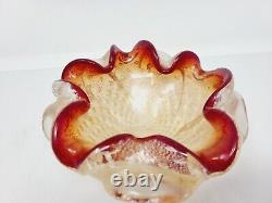 Vtg Murano Style Italian Art Glass Ashtray Red Gold Fleck Controlled Bubble Wow