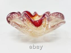 Vtg Murano Style Italian Art Glass Ashtray Red Gold Fleck Controlled Bubble Wow