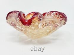 Vtg Murano Style Italian Art Glass Ashtray Red Gold Fleck Controlled Bubble Wow