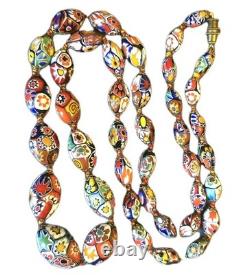 Vtg. Murano Venetian Millefiori Glass Oval Beaded Necklace 26/28in. Est. Opera