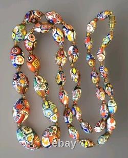 Vtg. Murano Venetian Millefiori Glass Oval Beaded Necklace 26/28in. Est. Opera