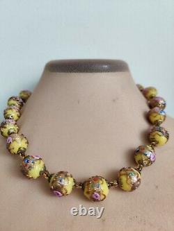 Vtg Murano Wedding Cake Necklace Lampwork Art Glass Lemon Citrine Yellow Pink