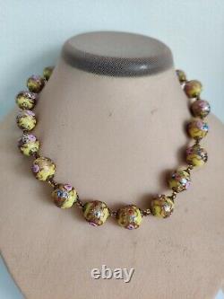 Vtg Murano Wedding Cake Necklace Lampwork Art Glass Lemon Citrine Yellow Pink