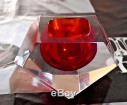Vtg-Murano-mid-century-art-glass-Ruby-red-geometric-ashtray-Italy-Sommerso-bowl
