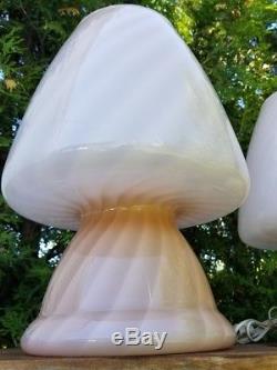 Vtg Rare Mid Century Pair Set Murano Venini Mushroom Glass Table Lamp Pink Swirl