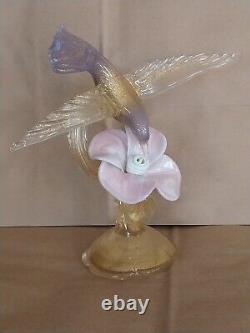 Vtg Salviati Murano Glass Gold Dust Hummingbird Feeding on Flower Figurine 10.5