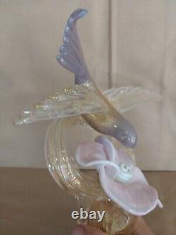 Vtg Salviati Murano Glass Gold Dust Hummingbird Feeding on Flower Figurine 10.5