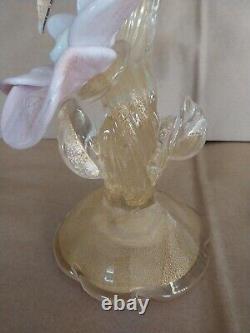 Vtg Salviati Murano Glass Gold Dust Hummingbird Feeding on Flower Figurine 10.5