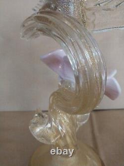 Vtg Salviati Murano Glass Gold Dust Hummingbird Feeding on Flower Figurine 10.5