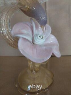 Vtg Salviati Murano Glass Gold Dust Hummingbird Feeding on Flower Figurine 10.5