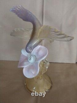 Vtg Salviati Murano Glass Gold Dust Hummingbird Feeding on Flower Figurine 10.5