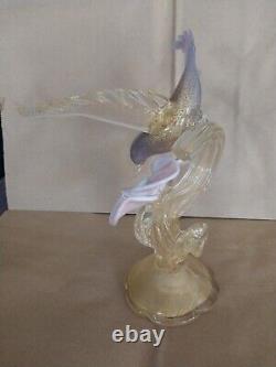 Vtg Salviati Murano Glass Gold Dust Hummingbird Feeding on Flower Figurine 10.5