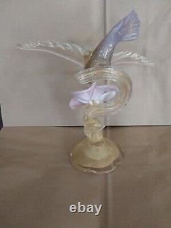 Vtg Salviati Murano Glass Gold Dust Hummingbird Feeding on Flower Figurine 10.5