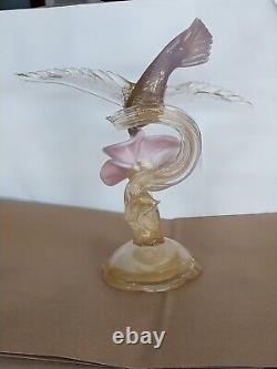 Vtg Salviati Murano Glass Gold Dust Hummingbird Feeding on Flower Figurine 10.5