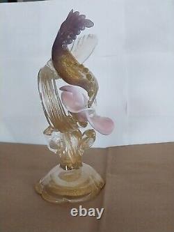 Vtg Salviati Murano Glass Gold Dust Hummingbird Feeding on Flower Figurine 10.5