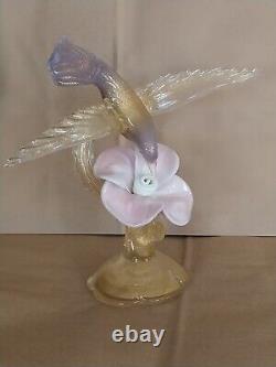 Vtg Salviati Murano Glass Gold Dust Hummingbird Feeding on Flower Figurine 10.5