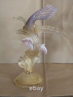 Vtg Salviati Murano Glass Gold Dust Hummingbird Feeding on Flower Figurine 10.5