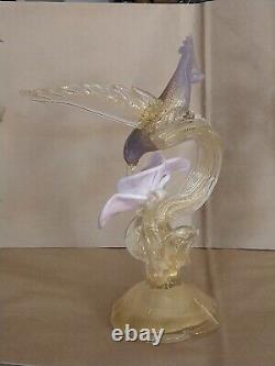 Vtg Salviati Murano Glass Gold Dust Hummingbird Feeding on Flower Figurine 10.5