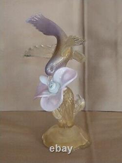 Vtg Salviati Murano Glass Gold Dust Hummingbird Feeding on Flower Figurine 10.5