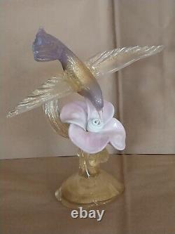 Vtg Salviati Murano Glass Gold Dust Hummingbird Feeding on Flower Figurine 10.5