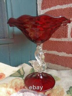 Vtg Salviati Murano Venetian Ruby Red Art Glass Swan Stem Hand Blown Compote