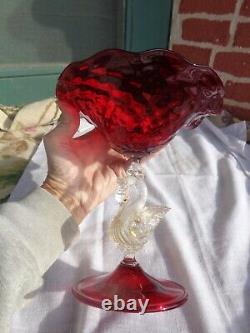 Vtg Salviati Murano Venetian Ruby Red Art Glass Swan Stem Hand Blown Compote