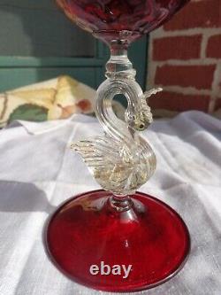 Vtg Salviati Murano Venetian Ruby Red Art Glass Swan Stem Hand Blown Compote