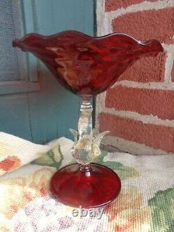 Vtg Salviati Murano Venetian Ruby Red Art Glass Swan Stem Hand Blown Compote