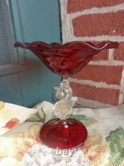 Vtg Salviati Murano Venetian Ruby Red Art Glass Swan Stem Hand Blown Compote