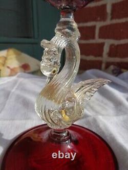 Vtg Salviati Murano Venetian Ruby Red Art Glass Swan Stem Hand Blown Compote