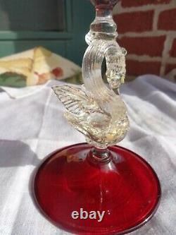 Vtg Salviati Murano Venetian Ruby Red Art Glass Swan Stem Hand Blown Compote