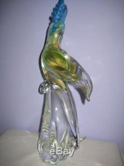 Vtg. Signed Murano Italian Art Glass Gold Flake Large Cockatoo Bird Figure 13.5